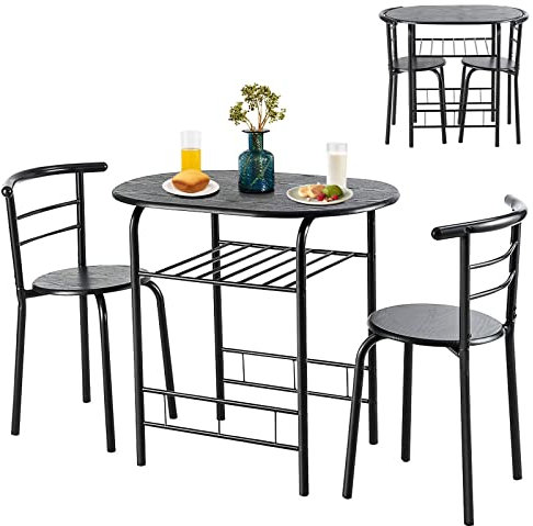 GIANTEX Juego de Mesa de Comedor con 2 Sillas, Conjunto Mesa de Cocina Pequeña para 2 Personas, Mueble 3 Piezas con Estante, Juego de Sillas de Comedor para Ahorrar Espacio (Negro)