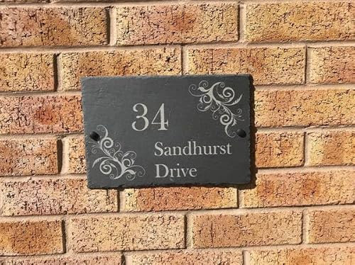 One of a Kind Design UK Personalised Slate House Sign, House Number Plaque, Personalised Address Number Plate, Engraved, Gate sign, 300x200mm, UV Stable, Weather Resistant - Slate