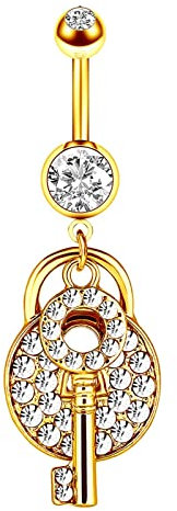 Skcess Fake Bauchnabel Pircing, Bauchnabel Ring Gold Edelstahl Schlüssel Rundschliff Zitronenquarz Bauchnabel Nagel