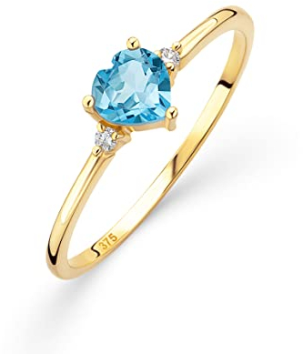 OROVI – Verlobungsring Damen aus 9Ct Gelbgold (375) mit Topas hellblau in Herzschliff 0.55Ct & 0.03Ct Diamanten – Verlobungsring Edelstein & Brillanten – Hypoallergen & handgefertigt (Gr. 56)