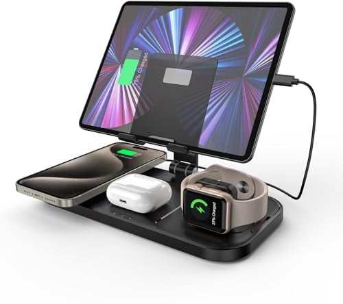 kabelloses Ladegerät für Apple, 4 in 1 Drahtlose Ladestation für iPhone 16/15/14/13/12/11, Ladestation für Apple Watch 10/9/8/7/6/SE, Ladegerät für AirPods 4/Pro, iPad, 2 Ladekabel Enthalten (Schwarz)