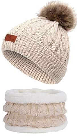 Qersh Baby Wintermütze Schal Schlupfmütze Warm Niedlich BärWintermütze Schalmütze Strickmütze mit Bommel Fleecefutter BeanieMütze Baby (S01, 2-7 Jahre alt)