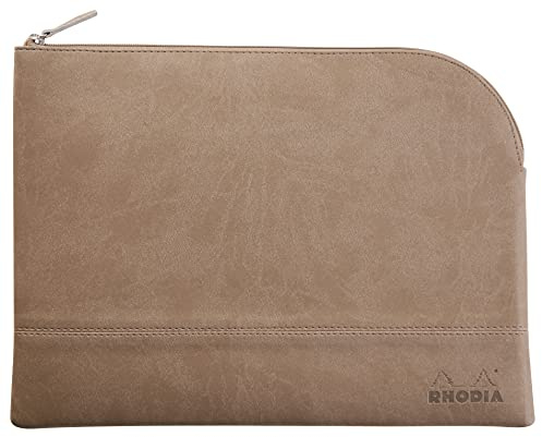 RHODIA 116725C - Faux Leather Zipped Pouch - Taupe - Size L (21 x 28 cm) - Genuine Stitching - Orange Fabric Inside - Storage for Documents, Small Supplies