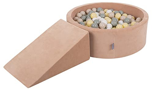 KiddyMoon Spielplatz Velvet Aus Schaumstoff Rund Bällebad Bällebad (200 Bälle) + Zwickel Ballgruben Babys Spielbad, Wüstenrosa: Pastellbeige/Grüngrau/Pastellgelb/Weiß