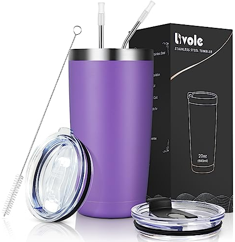 Livole Taza térmica de 20 oz 600 ml para hombres, mujeres, taza de coche, taza de café para llevar, taza de acero inoxidable con pajita y tapa, vaso de vacío de doble pared, taza de camping para café,