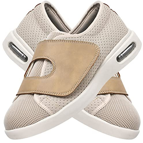AEHO Schuhe Für Geschwollene Füße Klettverschluss Gesundheitsschuhe Extra Breit Atmungsaktive Senioren Turnschuhe Freizeitschuhe Reha Schuhe Für Geschwollene Füße,Beige,39 EU