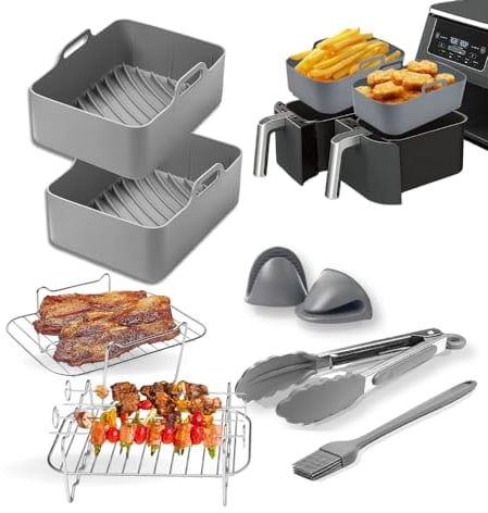 8pcs Upgraded Air Fryer Accessories AF400UK, Accessories for Ninja AF451UK, Ninja Air Fryer Liners Silicone, Ninja Air Fryer Rack | Designed for Ninja Dual Air Fryer 9.5L Ninja Foodi Max - Grey