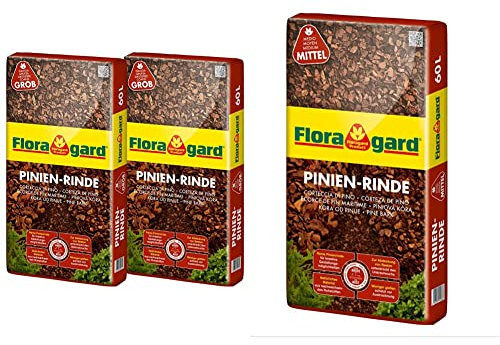 Floragard Mulch Pinienrinde 25-40 mm 2x60 L • grob • 120 L & Mulch Pinienrinde 15-25 mm 60 L • mittel • dekorativer Bodenbelag • unterdrückt Unkrautwuchs • naturbelassen • für mediterranes Flair