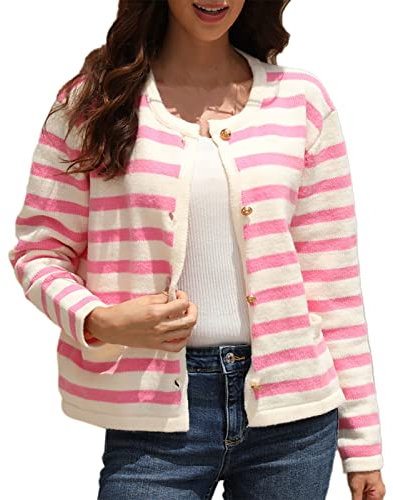 AMDOLE Skinhead Cardigan rayé pour femme Grand pull en tricot Cardigan à simple boutonnage court pour femme S Cardigan Pulls, rose vif, XL