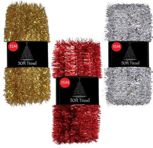 50ft Tinsel Garland For Christmas Tree Decorations Xmas Thick Metallic Sparkly Foil Long Wide Stairs Crafts (Silver)