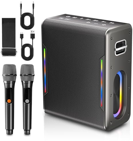 Zeelink - Máquina de karaoke con dos micrófonos inalámbricos, potente altavoz Bluetooth portátil de 150 W para fiestas, 24 horas de reproducción con batería de alta capacidad de 15000 mAh, luces LED,
