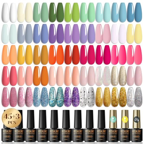 ROSALIND UV Nagellack Set, 48 Stück Mini Gel Nagellack Shellac Nagellack Weiß Grün Blau Lila Rosa Macaron Glitzer Farbgel Gelnägel für Nagelstudio Design Starter Maniküre Geschenkset