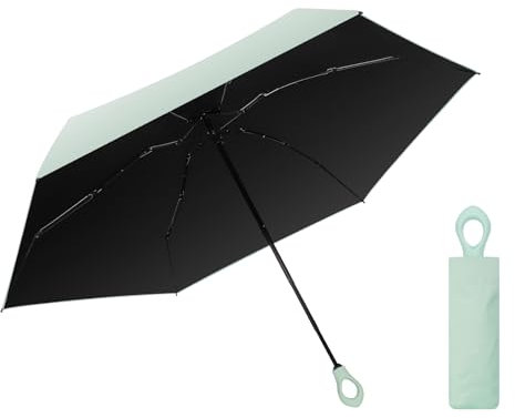 JIZZU Mini Faltender Regenschirm, Faltender Taschenschirm, Reise Regenschirm UV Schutz, Sonnenschutz Klein mit Ringgriff für Damen Kinder, Hellgrün