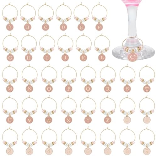 FINGERINSPIRE 36 Pcs Letter A~Z Wine Charms Number 0~9 Alloy Enamel Wine Glass Tags with White/Pink Pearl Rhinestone Spacer Beads and Stainless Steel Findings Family Party Table Wine Glass Decoration