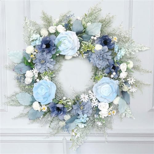 19.7in Artificial Spring Wreaths for Front Door, Blue Rose Flower Wreath Summer Wreaths, Wildflower Front Door Wreath for Wedding Hanging Garland Home Decor