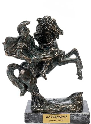 BEAUTIFUL GREEK STATUES Bronzestatue Alexander der Große von Mazedonien auf seinem Pferd Bucephalus mit Marmorsockel, 18 cm