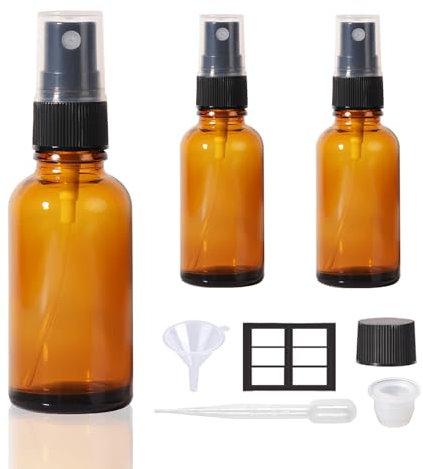 StellaCare Botellas de spray pequeñas de 1 onza, 3P, de vidrio ámbar oscuro, botella de spray de viaje para cabello, botella de spray pequeña a prueba de fugas