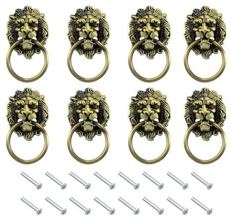 sourcing map 8 Pcs Lion Head Pulls Knob, 3.54 x 2 Zinc Alloy Vintage Lion Door Handle Decorative Front Door Knob Ring Pull Handle for Gate Cabinets Drawers, Bronze