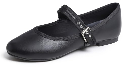 Feversole Women's Soft Breathable Mary Jane Memory Foam Cushioned Comfort Round Toe Metal Buckle Flats Walking Shoes Black Napa Size UK 3.5
