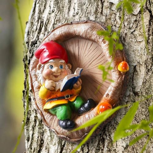 TLHWIN Gartenzwerg Harzstatue Baumschmuck, Miniaturstatuendekoration. Niedliche Figur Statue Gartenzubehör für Innen & Außen. Zwerg und Fenster kreative Kunstwerke (Buch)