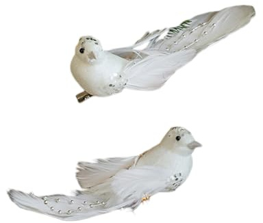 Qianderer Weihnachtsvogel-Dekorationen, künstliche Taubenvögel, zum Anklippen, Weihnachtsbaumschmuck, weiße Feder, Mini-Vögel, Ornamente, DIY Handwerk (weiß, 16 x 4,5 cm), 2 Stück