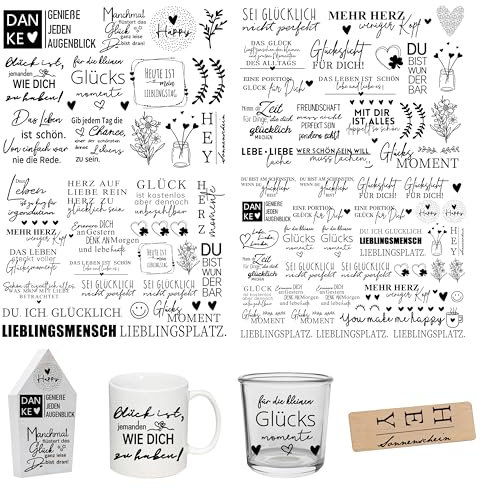 FloraVigo Rub On Sticker ca.A5 19x14cm-Spruch Deko zum Geburtstag, Keraflott, Hochzeit, Zuhause, Wischfolie für Möbel, Glas, Holz, Fotoalbum, DIY Deko, Aufkleberästhetik(4PCS) (SCHÖNE SPRÜCHE)