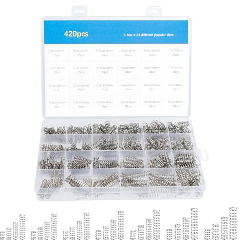 420 Stück Druckfedern Sortiment Set,Edelstahl Druckfeder 10mm 15mm 20mm 30mm,Metall Spiralfeder Durchmesser 5mm 6mm 7mm für Federspielzeug Werkzeuge DIY Craft Repair-24 Größen