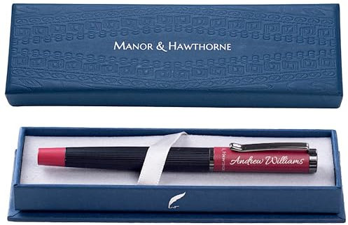 Manor & Hawthorne Personalised Fountain Pen - Engraving Available in Black, Red, Blue, and Green - Gift-Boxed Writing - Black & Blue ink & Converter (Black with Red Cap (Personalised))