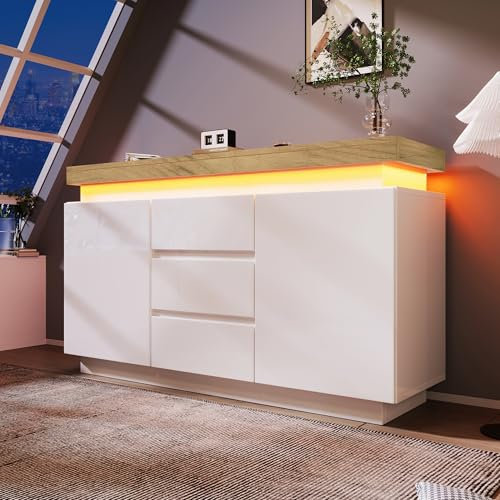 Merax Modern High Gloss Sideboard for living room Sideboard Cabinet Cupboard with 2 Doors and 3 Drawers, with RGB LED(App-controlled), 81 x 140 x 39 cm, White