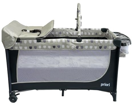 Priori Baby Nauta Cuna de Viaje Plegable 5 en 1 para Bebé - con Cambiador, Móvil Juguetes, Bolsillos Laterales, Ruedas Freno, Bolsa Transporte, 0-3 Años hasta 15 kg (Gris)