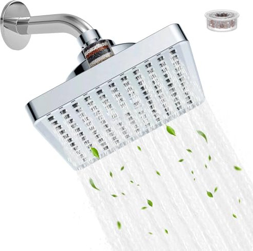 VivaLox Rainfall Shower Head with Filter,Square Fixed Shower Head 6 inch for Removing Hard Water,Residual Chlorine,High Pressure Showerhead with Angle Adjustment,Easy No-Tool Installation,Chrome