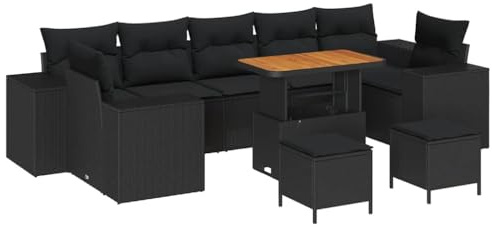 vidaXL 10-teiliges Garten-Sofa-Set mit Kissen in Schwarz, aus Poly Rattan und Akazienholz. Ideal für Terrasse, Balkon oder Wohnzimmer - perfekt für entspannte Lounge-Momente.