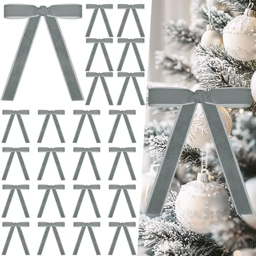 Miaikoe 24 Pcs Velvet Bows for Christmas Tree Rustic Velvet Christmas Ornaments Rustic Bows for Door Garland Wreath Gift Party Decoration (Width of 2.5cm,Grey)
