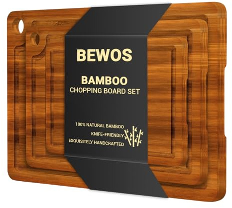 BEWOS 3 PCS Wooden Chopping Board Set with Hanging Hole - Bamboo Cutting Boards with Handles & Juice Grooves, Wooden Chopping Board for Kitchen, Ideal for Chopping Meat, Vegetables, Cheeses and Bread
