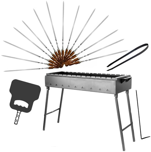 Klappbarer Schaschlikgrill 2 mm Stahl, 90 cm lang mit 14 Edelstahlspießen | Spießen mit Holzgriff Holzkohlegrill Grillfächer BBQ Mangal für Grillspieße oder Grillrost ideal für Picknick, Garten Camping