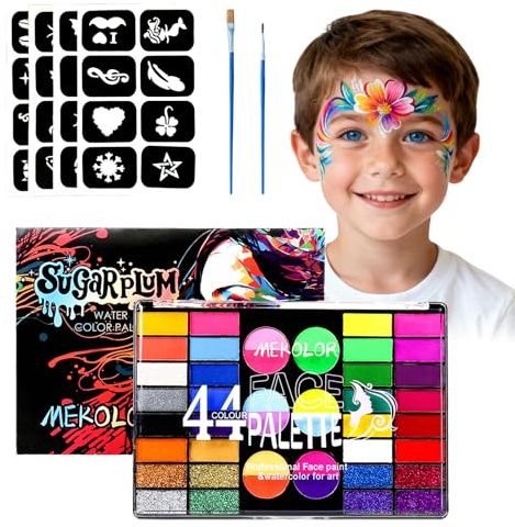 Yeelan Juego de maquillaje infantil, 44 colores, colores faciales, maquillaje infantil, pintura corporal, 32 plantillas, 2 pinceles, maquillaje infantil para teatro, Halloween, carnaval