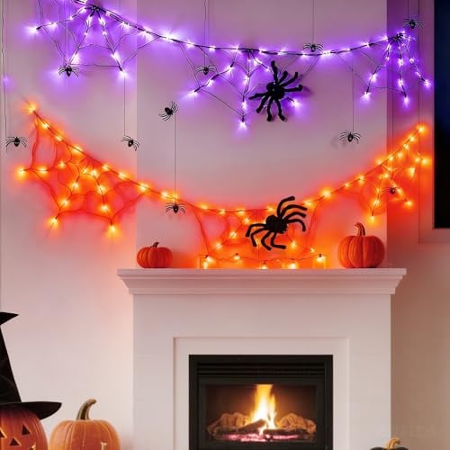 Halloween-Dekorationen Spinnennetz-Lichter, Halloween-Lichterkette, Fensterprojektor mit schwarzer Spinne, Netzlicht-Dekoration mit 8 Modi für Innen- und Außenbereich, Orange und Violett