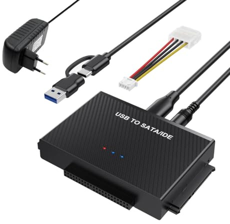 Hard Drive Reader USB 3.0 to SATA IDE Adapter, IDE SATA to USB + Type C External Hard Drive Adapter Data Recovery Converter Kit for Universal 2.5 3.5 HDD SSD Drive Disk, with 12V/2A Power Adapter