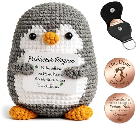 Giftota Pocket Hug Pinguin - Handgehäkelter Pinguin mit Glücksmünze & Lederetui - Glücksbringer & Mutmacher - Geschenkidee zum Geburtstag - Gute Besserung - Geschenk für Männer, Frauen, Jugendliche