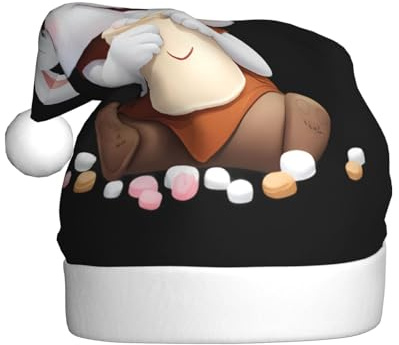 YYHWHJDE Weihnachtsmütze mit kleinem weißen Kaninchen, der Marshmallow-Druck isst, für Erwachsene, hochwertiges festliches Accessoire, weich, leicht