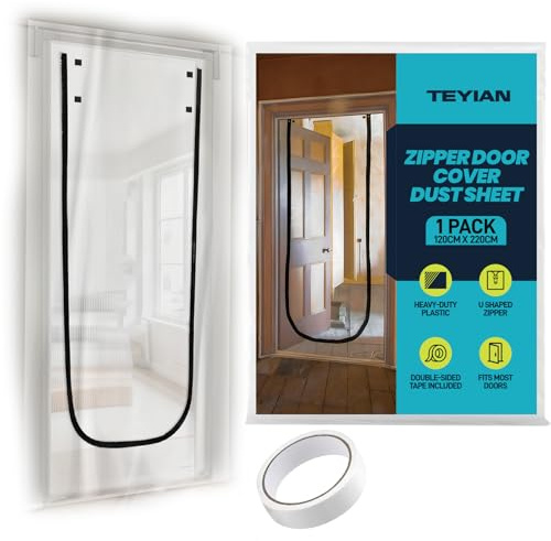 TEYIAN 1.2m x 2.2m Plastic Dust Sheet Door Cover with Zipper Heavy Duty Clear Polythene Sheet Door Protector Door Curtain with 10m Double-Sided Tape for Decorating and DIY Projects