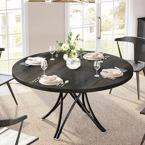Tribesigns Table de Salle à Manger Ronde pour 4-6 Personnes, Tables de Salle à Manger de 120 cm, Table de Cuisine Moderne, Design Pieds Croisés, Installation Facile, pour Cuisine, Salle à Manger, 120×
