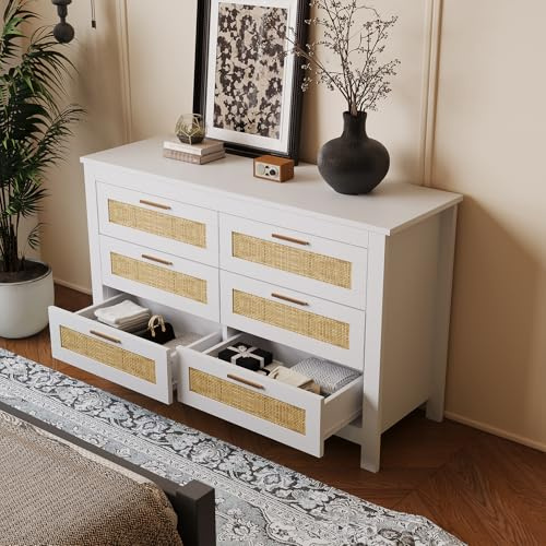 Ztexkee Sideboard mit Rattangeflecht 120x40x75cm Kommode Holz mit 6 Schubladen Sideboard mit Großer Kapazität, Boho-Stil, Schubladenschrank für Schlafzimmer Flur Organizer (Weiß und Naturholzfarbe)
