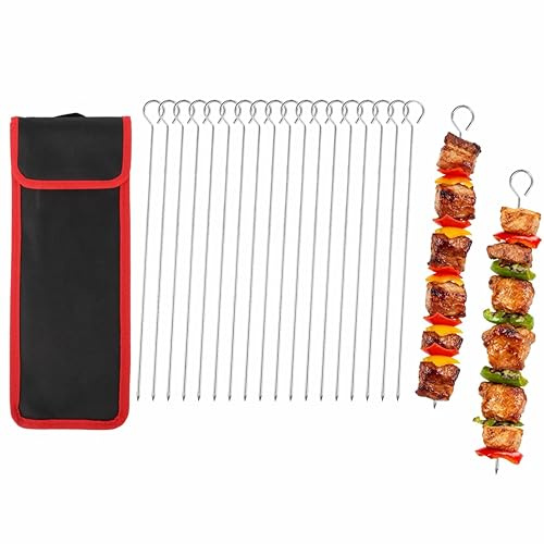 20 Pack Metal BBQ Skewers, 30cm Stainless Steel Kebab Sticks | Reusable kebab sticks in food-grade 304 stainless steel; rust-resistant, dishwasher safe, easy to clean, with storage bag.