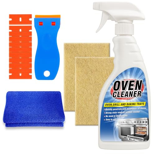 Heavy Duty Oven Cleaner Spray 500ml, Multi-Purpose Oven Cleaning Kit with Non-Scratch Scraper and Cloth, Powerful Deep Cleaning for Oven Racks, BBQ Grill, Air Fryers, Kitchen, Outdoor & Vehicles