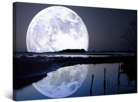 Startonight Bilder Der Vollmond im Wasser, Leinwandbilder Moderne Kunst, Landschaft Wanddeko Kunstdrucke, Wandbilder XXL Wohnzimmer Groß Wand Bild 80 x 120 cm, Tag Nacht Elegante Geschenkidee
