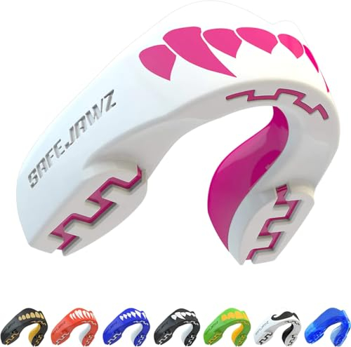SAFEJAWZ Sport Zahnschutz Erwachsene und Kinder Sport Mundschutz Für alle Vollkontakt-Sportarten einschließlich Rugby, MMA, Kampfsport, Kickboxen, Judo, Hockey & Boxe (Pink Fangz, Bis Zu 11 Jahre)
