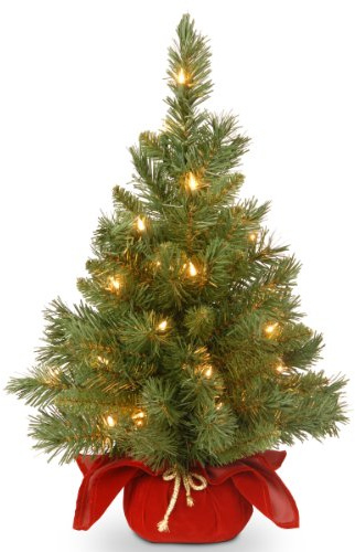 National Tree Company 24 in Pre-Lit Majestic Fir Mini Artificial Christmas Tree, 35 Clear Lights, 71 Tips, Red Cloth Base, Green