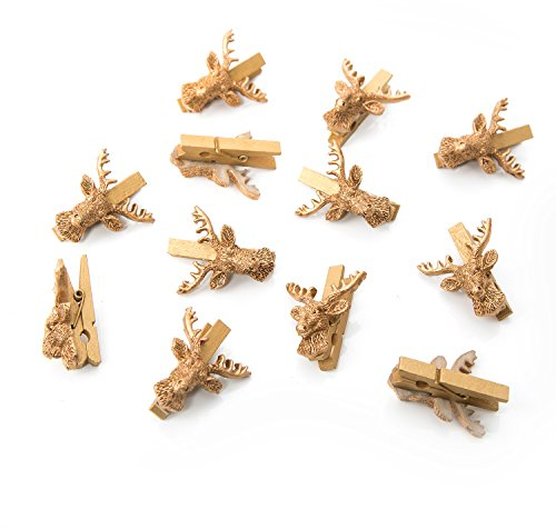 Logbuch-Verlag 12 Goldfarbene Hirsch Klammern mini Holzklammer Dekoklammern Herbst Weihnachten Feste Deko Tischdeko Clips