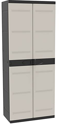 TITANIUM PLASTIKEN Armoire haute 2 portes avec étageres - 70 x 44 x 176 cm - Beige et Noir - Gamme TITANIUM - Intérieur et Ex…